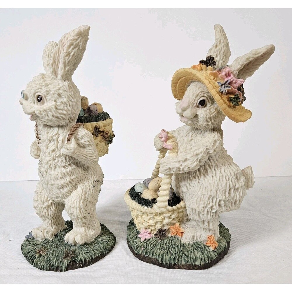 Vintage Easter Bunnies Pair Couple Collection Resin figurines Basket of Eggs - Picture 7 of 15
